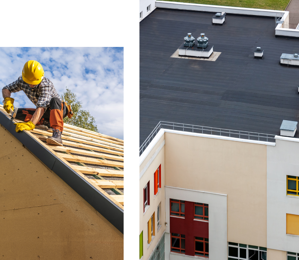 Worker installing roof on a building.