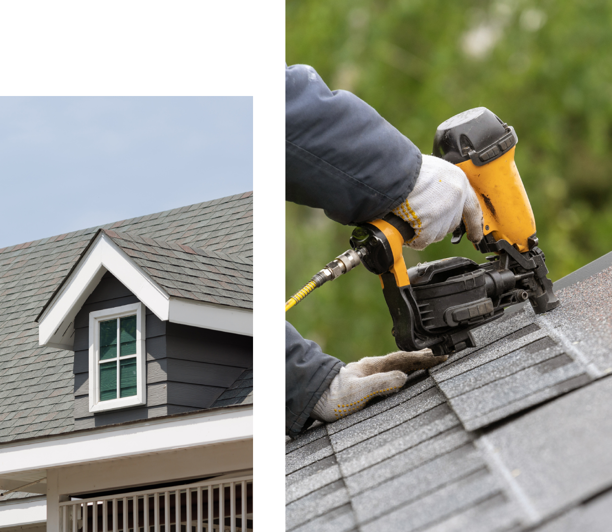 Roof construction with worker using nail gun.