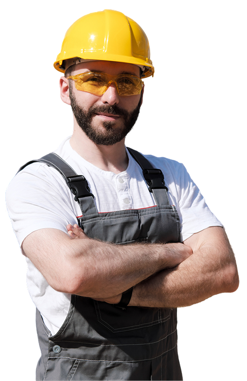 Construction worker with helmet and safety glasses.