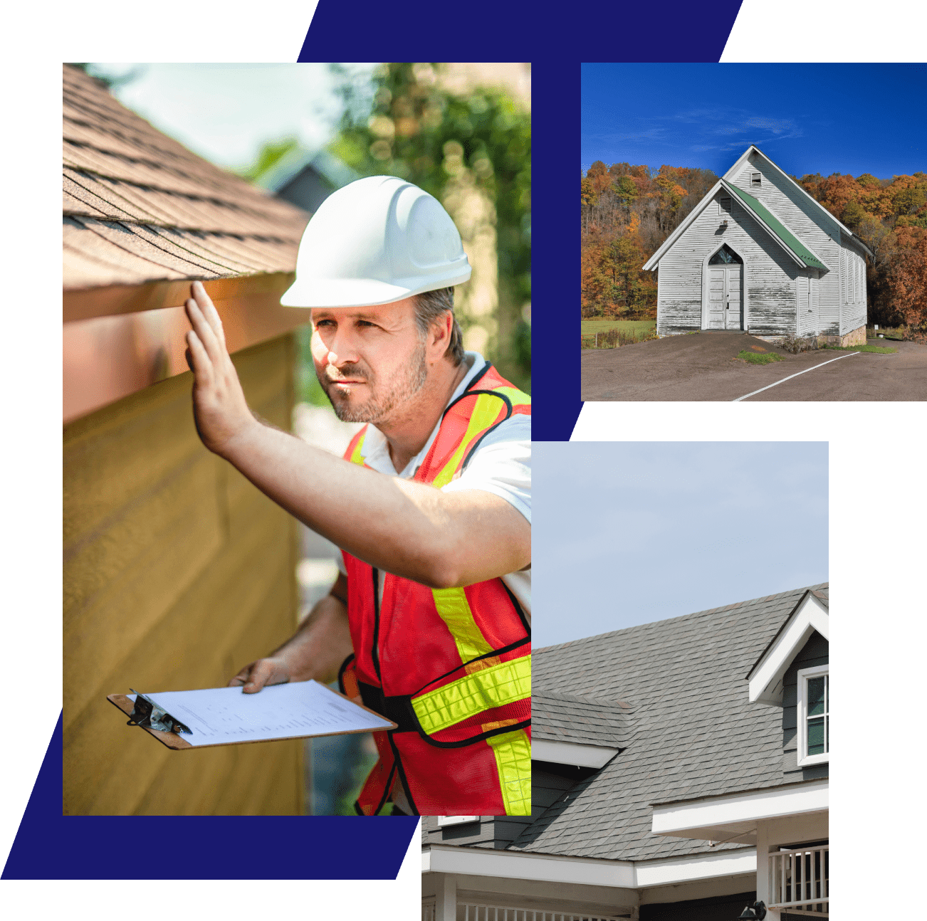 Construction inspector, barn, and house roof images.