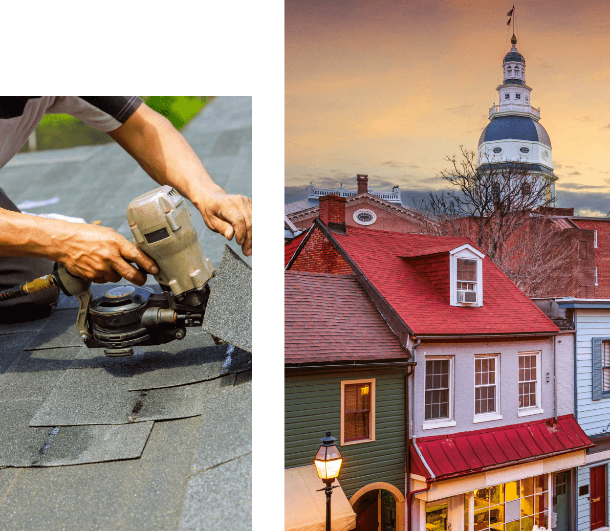 Group 38 Roof repair and historic building scene.