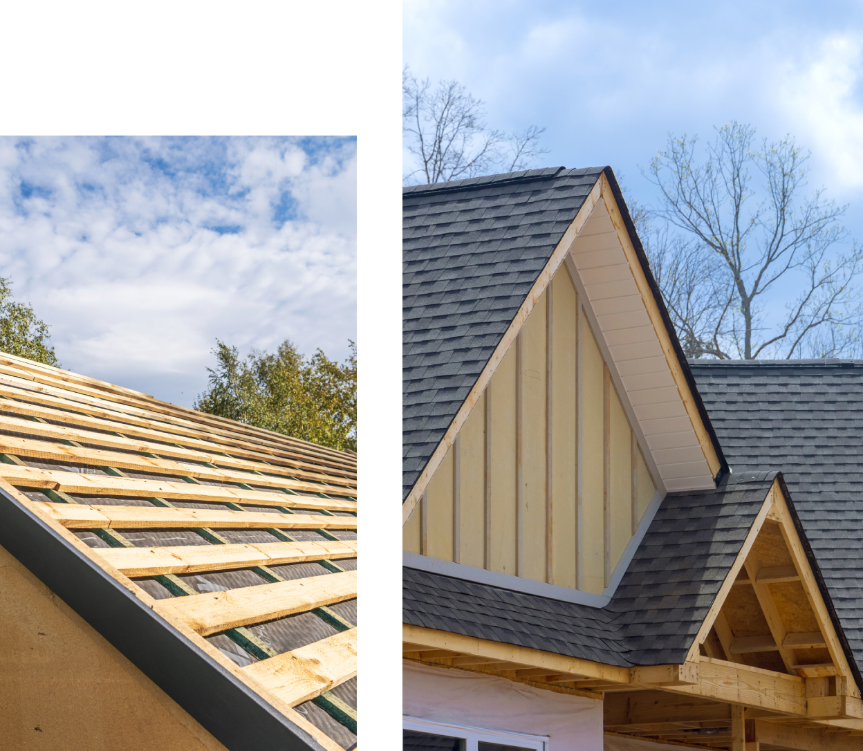 House roofs under construction and completed.