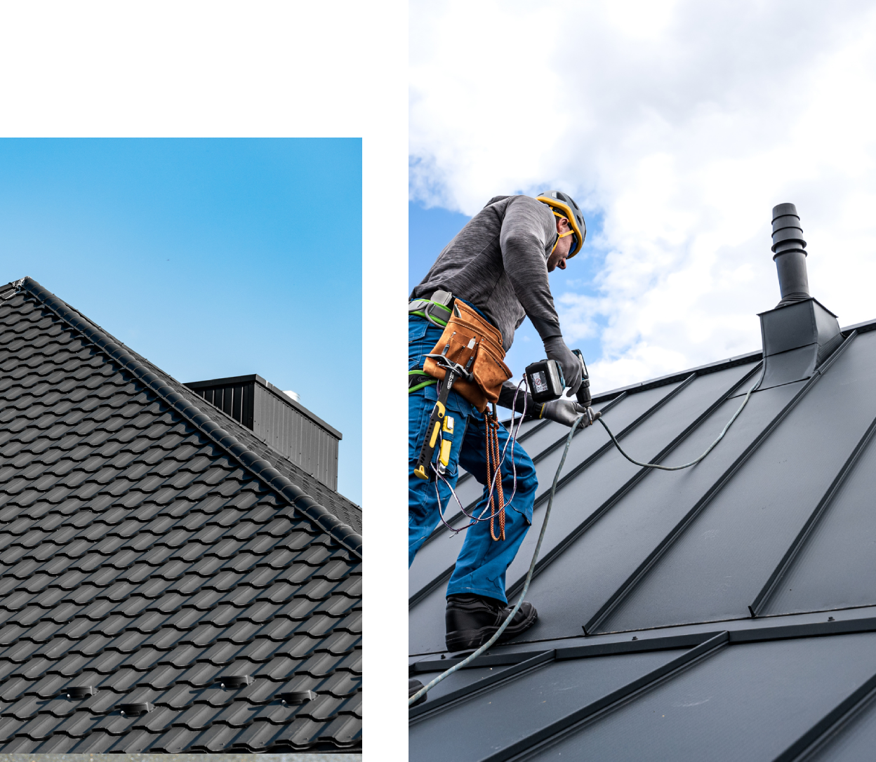 Roofer working on metal roof installation.